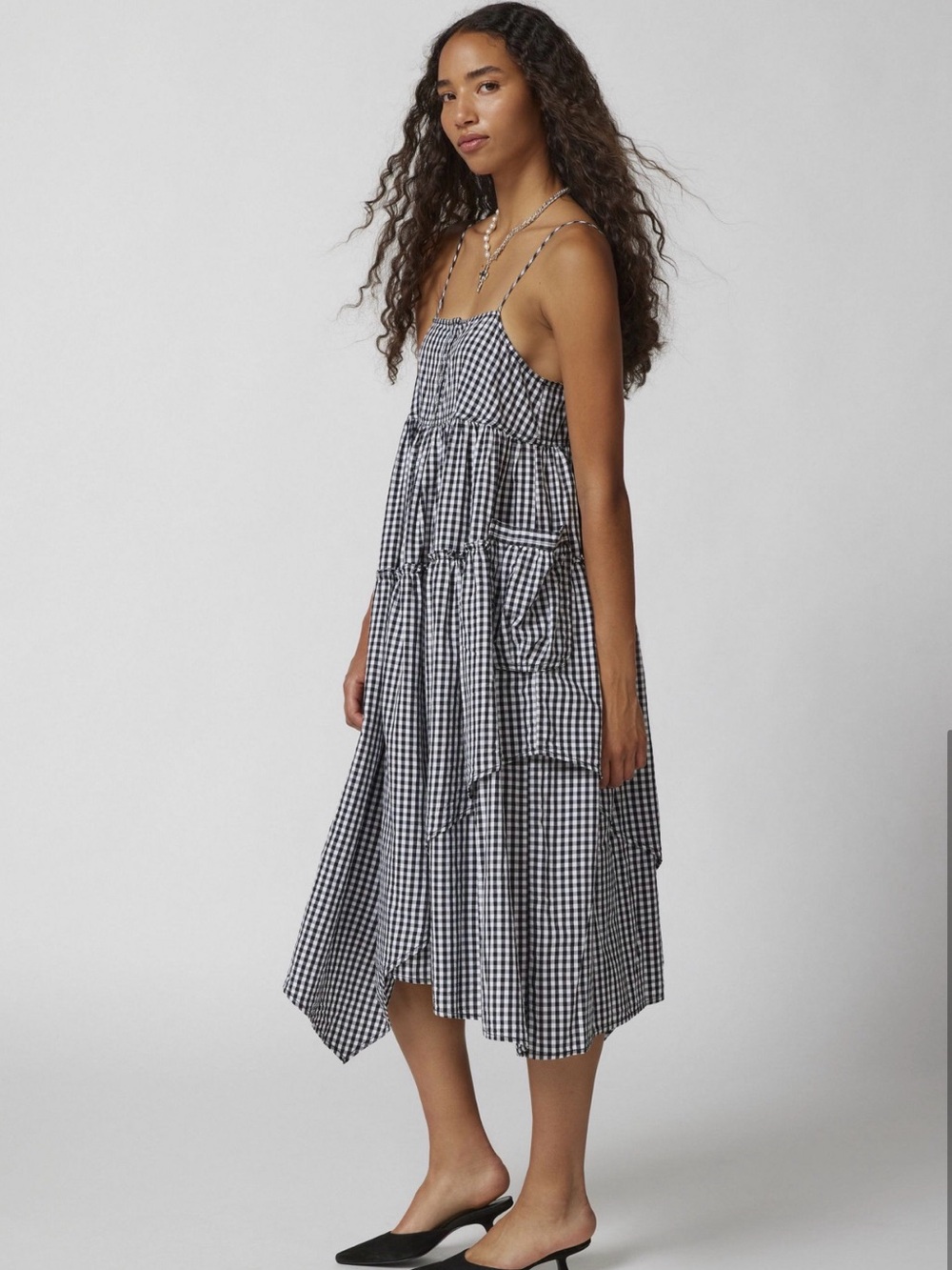 Urban Outfitters Black & White Gingham Tiered Spaghetti-Strap Midi Dress